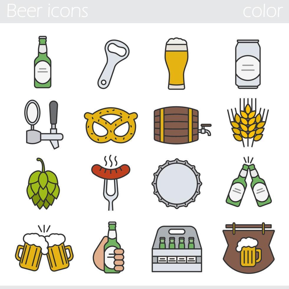 conjunto de iconos de colores de cerveza. bar y pub ilustraciones vectoriales aisladas. vaso de cerveza espumoso, botella, lata, taza, barril, caja, grifo, tapa, abrebotellas. Salchicha en horquilla, brezel, centeno, lúpulo y letrero de barra de madera vector