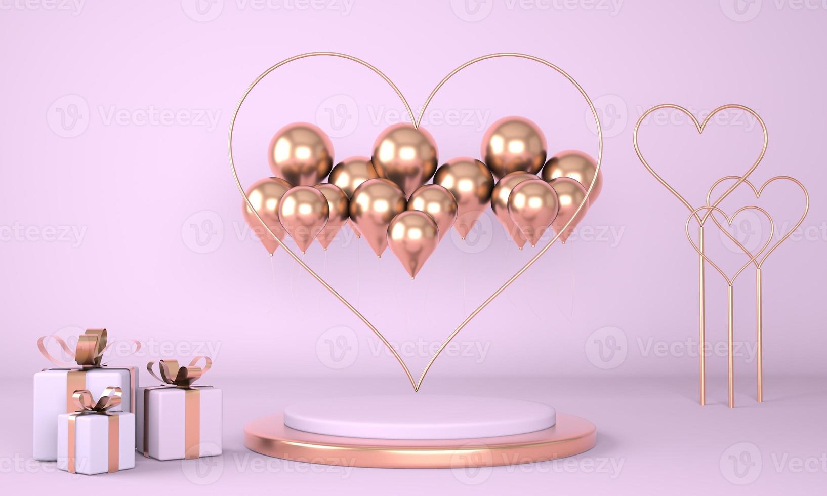 Valentine's Day interior with pedestal, hearts. Stand, podium, pedestal for goods. Love greeting card. 3d photo
