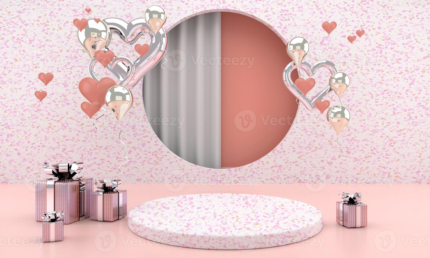 Valentine's Day interior with pedestal, hearts. Stand, podium, pedestal for goods. Love greeting card. 3d photo