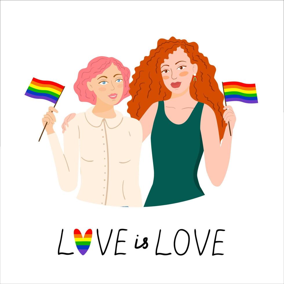 Two LGBT girls are holding rainbow flags of the day of the gay pride parade. vector