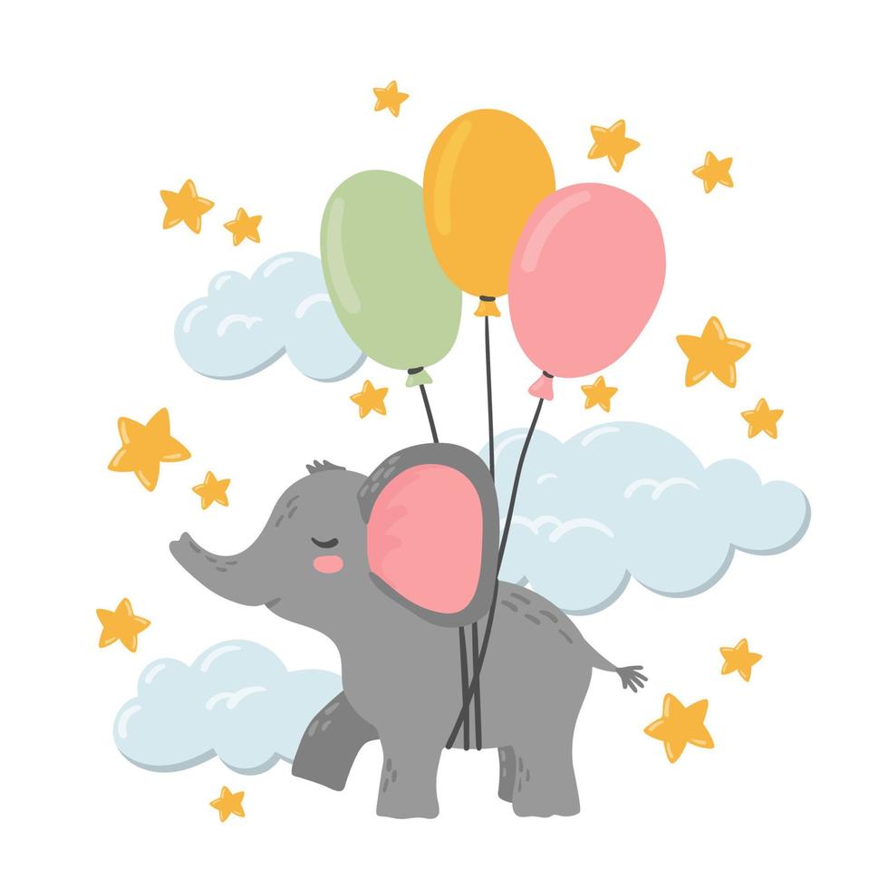 Baby elephant flies on balloons. Poster for the nursery, postcards ...