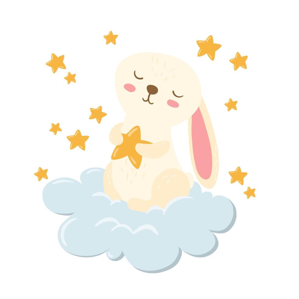 Cute white Bunny with star on cloud hand drawn nursery poster. vector