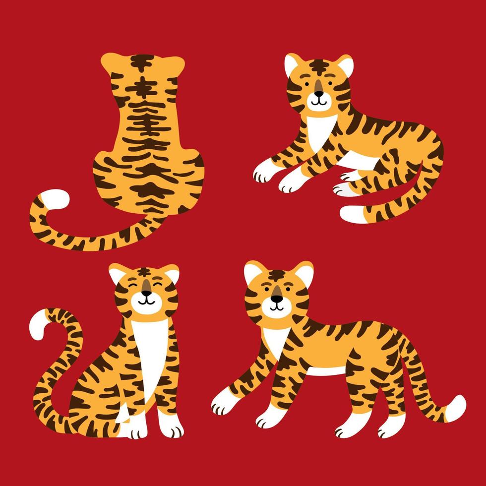 Set of cute cartoon tigers in different poses isolated vector illustration. Symbol of chinese holiday, 2022 new year character. Wildlife and fauna theme, cat jungle, wild mammal mascot