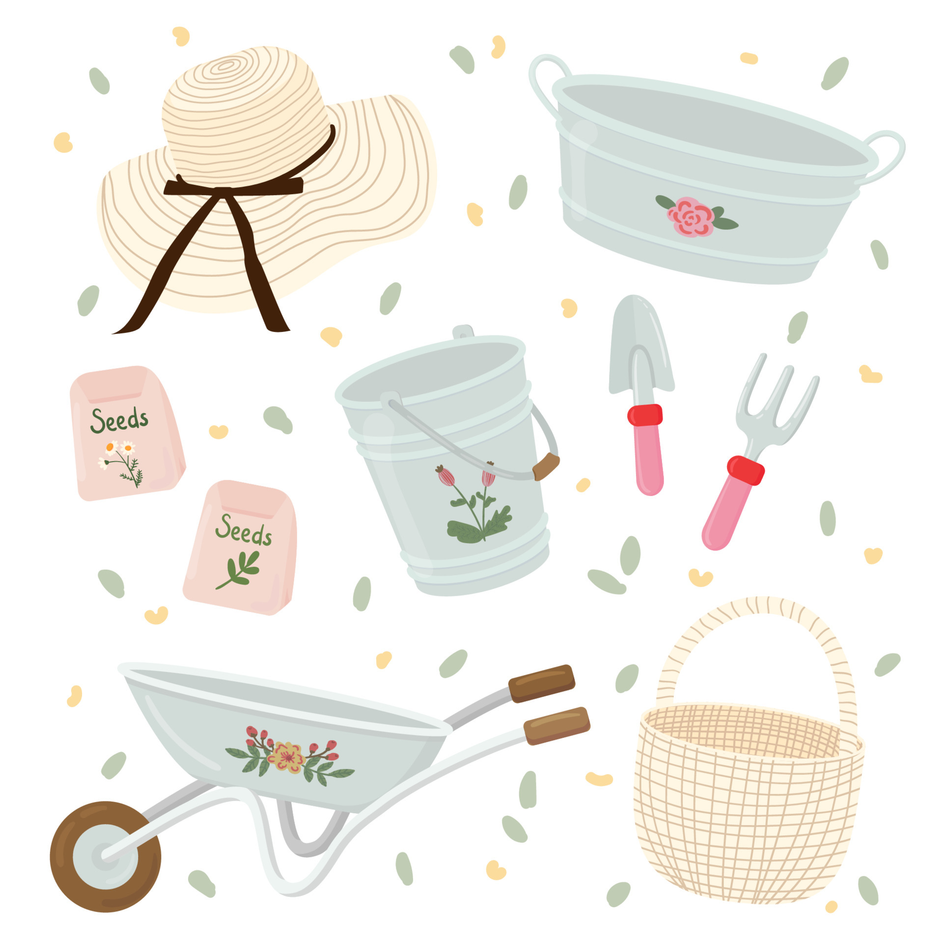 Set of tools and equipment for farm and gardening. Wheelbarrow, hat, bucket, basket, seeds, tub