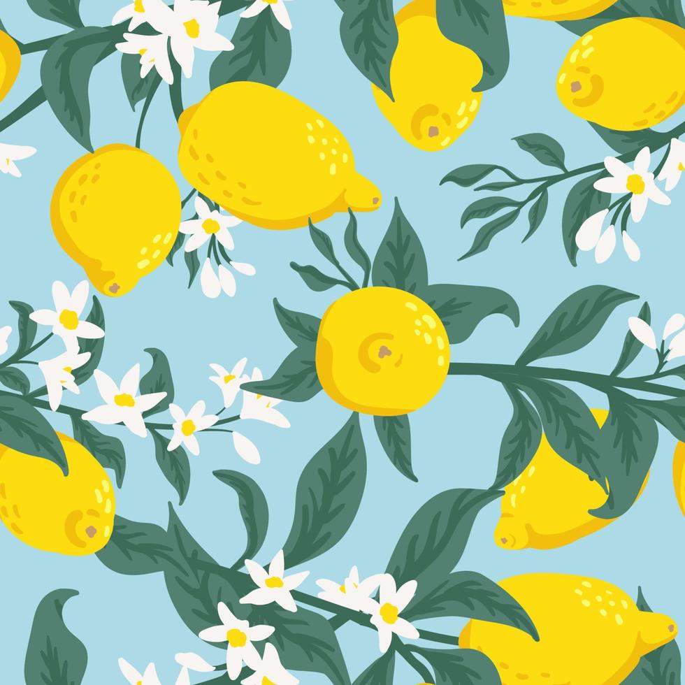 verano tropical de patrones sin fisuras con limones de colores y flores.Fondo de frutas cítricas de vector. vector