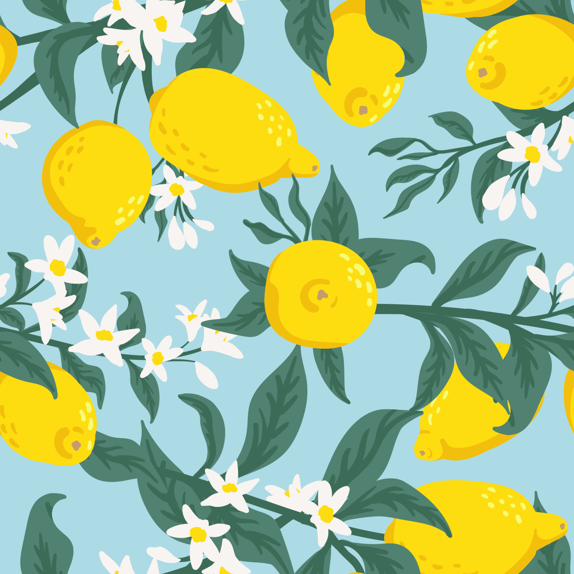 Summer tropical seamless pattern with colorful lemons and flowers ...