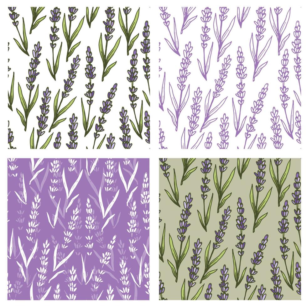 Purple lavender flowers vector seamless pattern collection. Beautiful retro hand drown doodle style floral backgrounds. Great for summer and spring textiles, banners, wallpapers, wrapping.