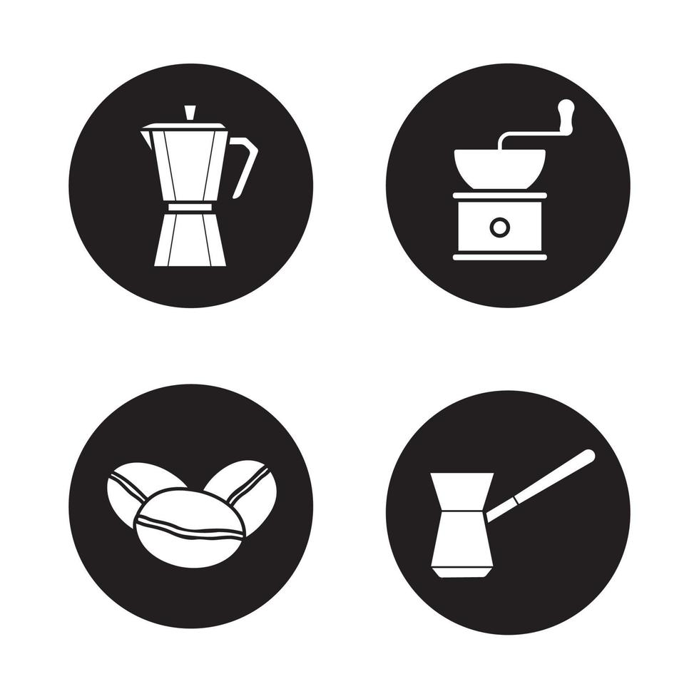 Coffee icons set. Classic coffee maker, turkish cezve, grinder and beans. Vector white illustrations in black circles
