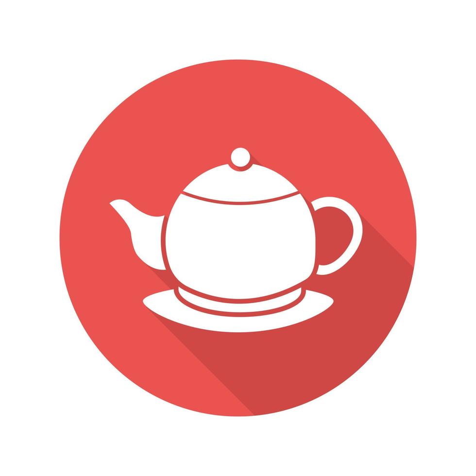 Teapot flat design long shadow icon. Tea pot on plate. Vector silhouette symbol