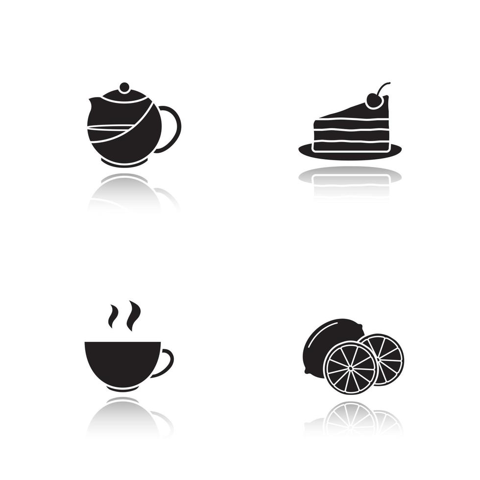 conjunto de iconos negros de sombra de gota de té. infusor de tetera, tarta de chocolate en plato, limones, taza humeante. ilustraciones vectoriales aisladas vector