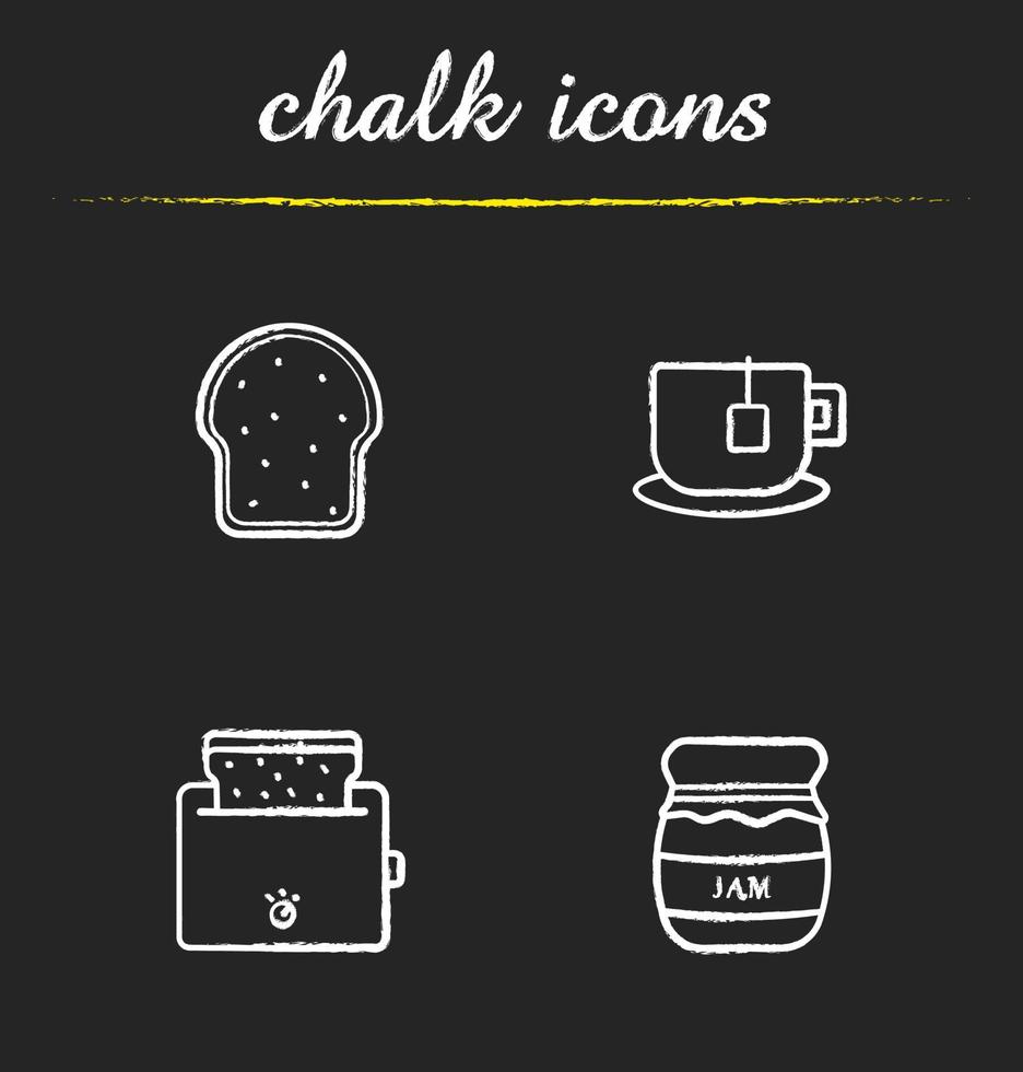 Breakfast items chalk icons set. Toaster, covered honey pot, teacup on plate, toasted bread illustrations. Isolated vector chalkboard drawings
