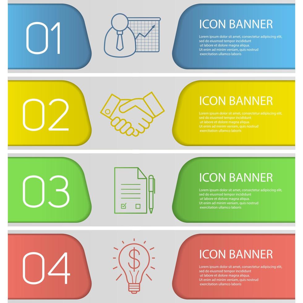 Business banner templates set. Easy to edit. Businessman with graph, handshake, contract and startup idea . Website menu items with linear icons. Color web banner. Vector headers design concepts