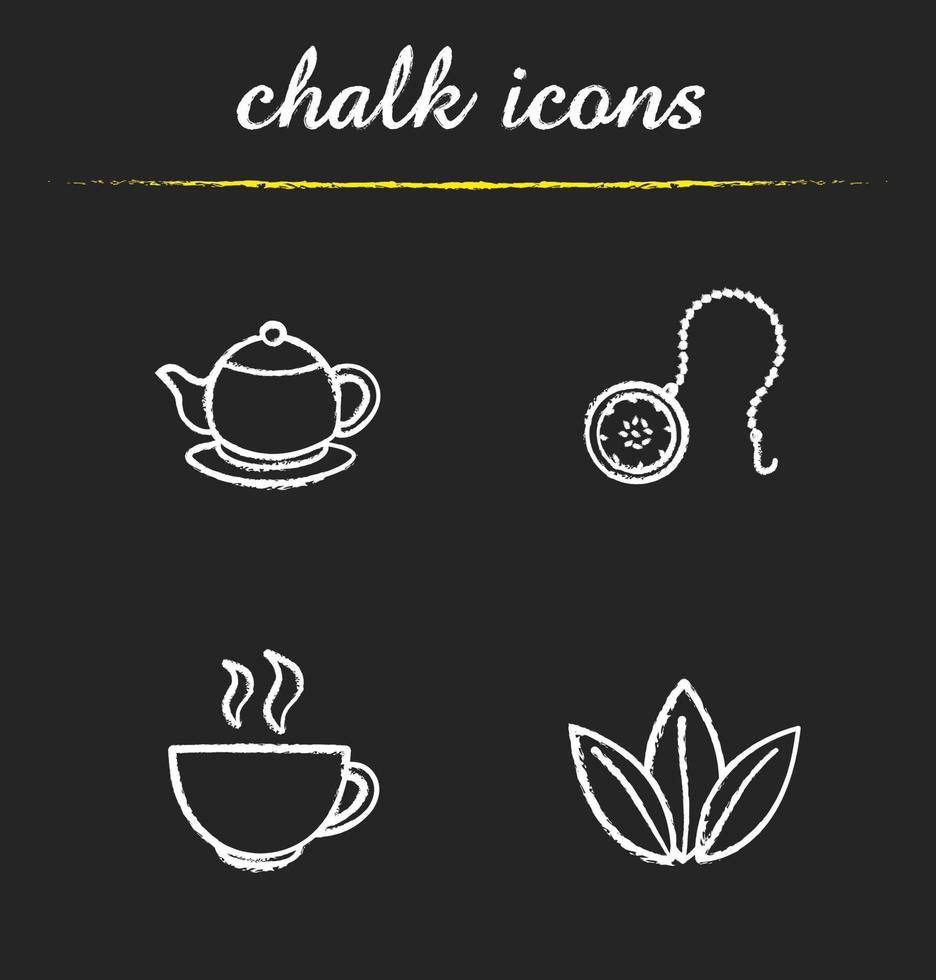 Tea chalk icons set. Teapot, ball infuser, steaming cup, loose tea leaves illustrations. Isolated vector chalkboard drawings