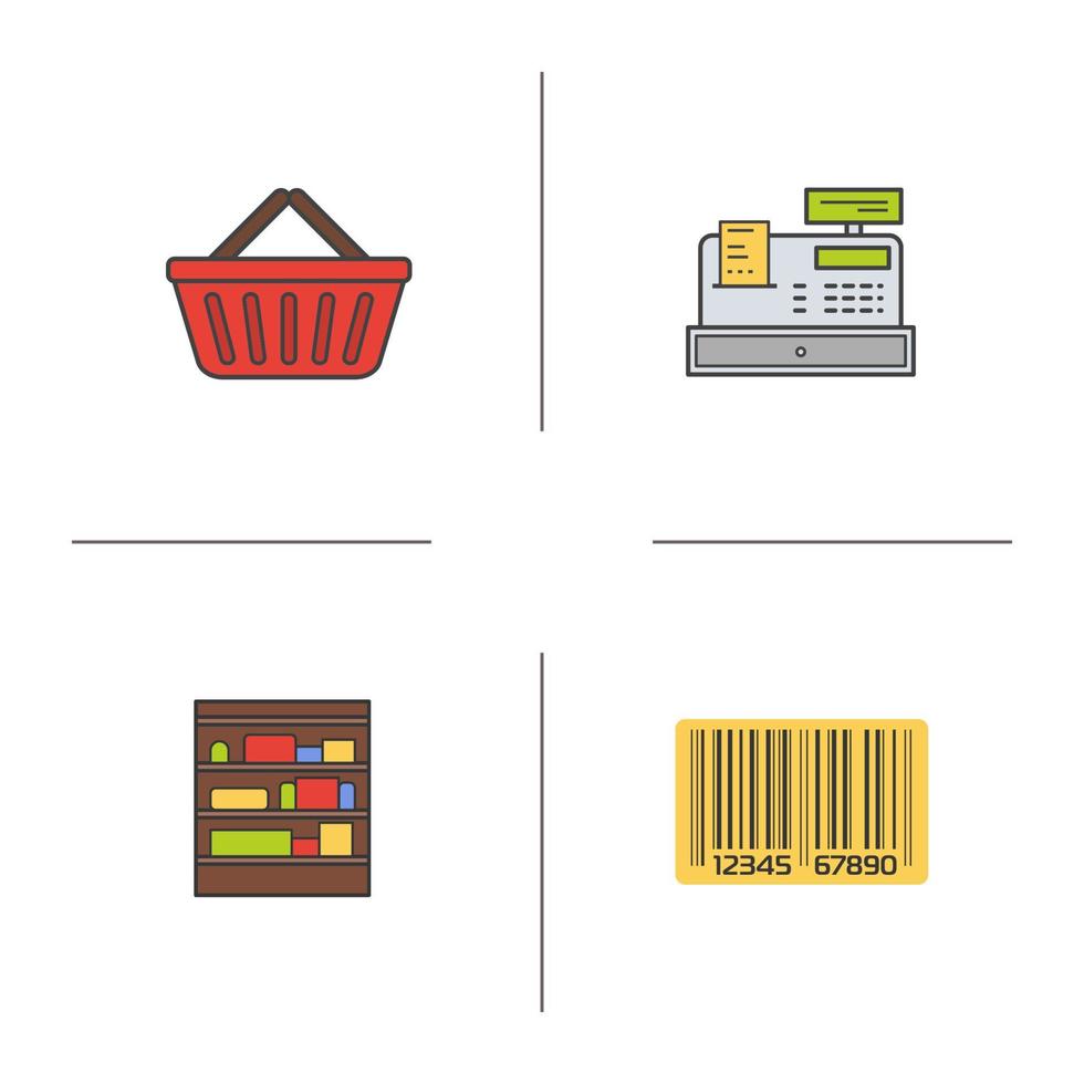 Supermarket color icons set. Shopping basket, cash register, barcode, shop shelves. Grocery store items. Isolated vector illustrations