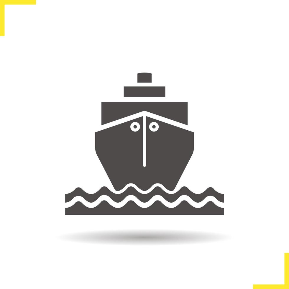 Cruise ship with sea waves icon. Drop shadow transportation vessel silhouette symbol. Cargo shipping tanker. Coast guard ship. Negative space. Vector isolated illustration