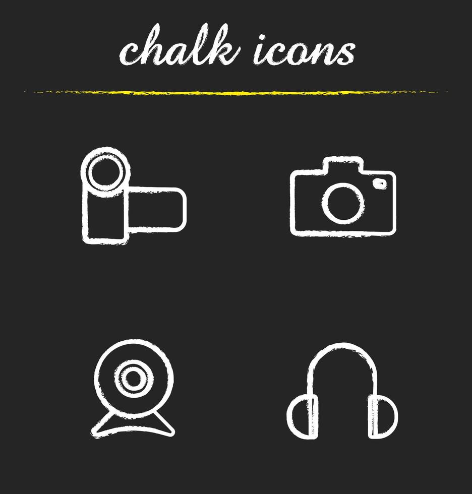 Electronics devices chalk icons set. Video and photo camera, webcam and headphones illustrations. Isolated vector chalkboard drawings