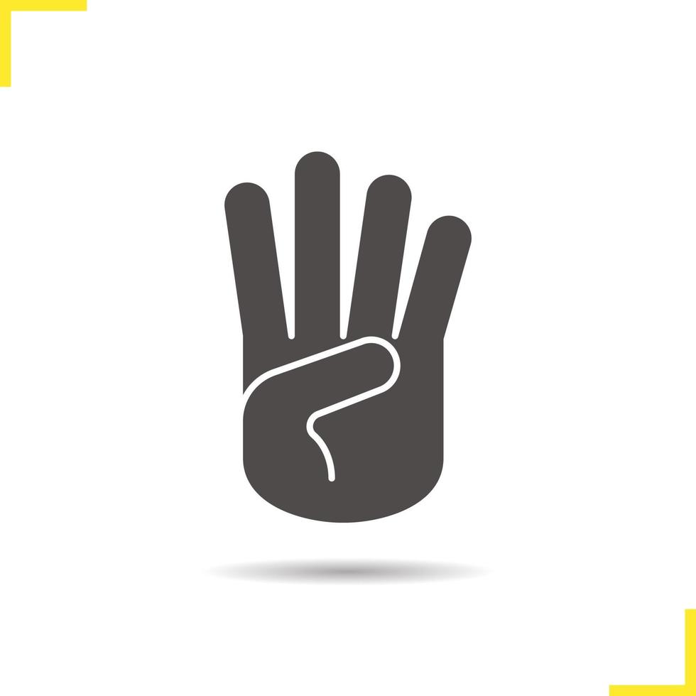 Four fingers up icon. Drop shadow silhouette symbol. 4 fingers. Negative space. Vector isolated illustration