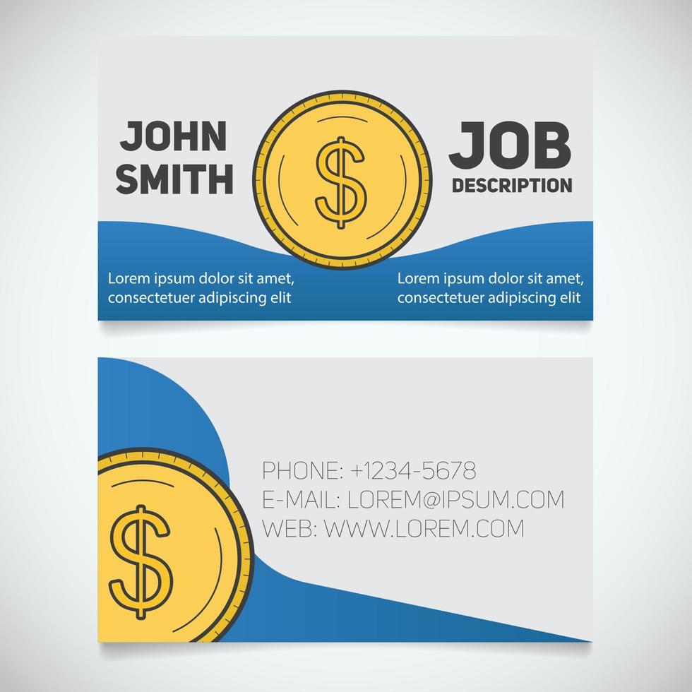Business card print template with US dollar coin logo. Easy edit. Manager. Accountant. Cashier. Bank worker. Stationery design concept. Vector illustration