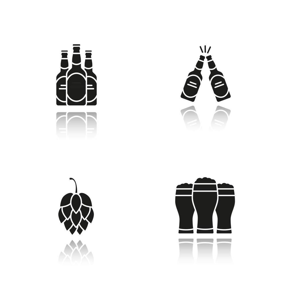 Beer drop shadow black icons set. Hop cone, beer bottles and glasses. Isolated vector illustrations