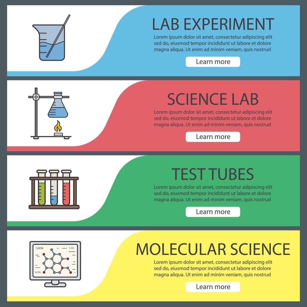 Conjunto de plantillas de banner de laboratorio de ciencia. fácil de editar. vaso de precipitados con varilla, ciencia molecular, soporte de anillo con matraz, tubos de ensayo. elementos del menú del sitio web. banner web en color. conceptos de diseño de encabezados vectoriales vector