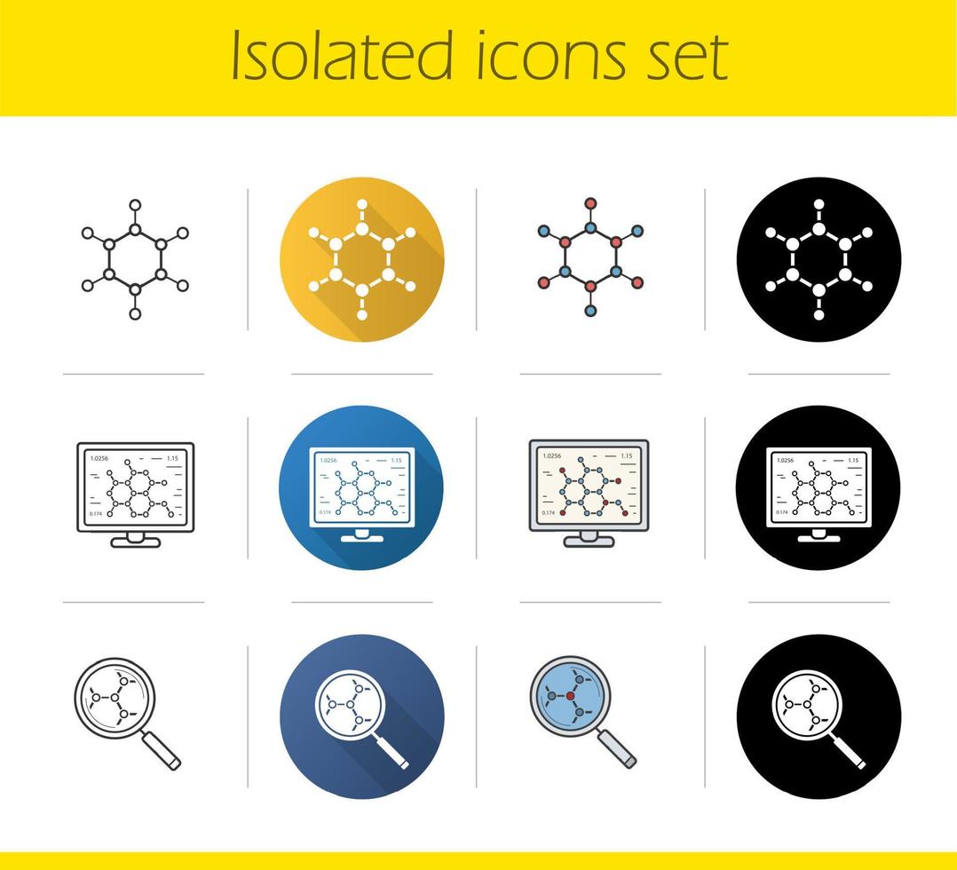 Chemical lab icons set. Flat design, linear, black and color styles. Molecule, laboratory computer, molecular structure analysis. Scientific project. Isolated vector illustrations