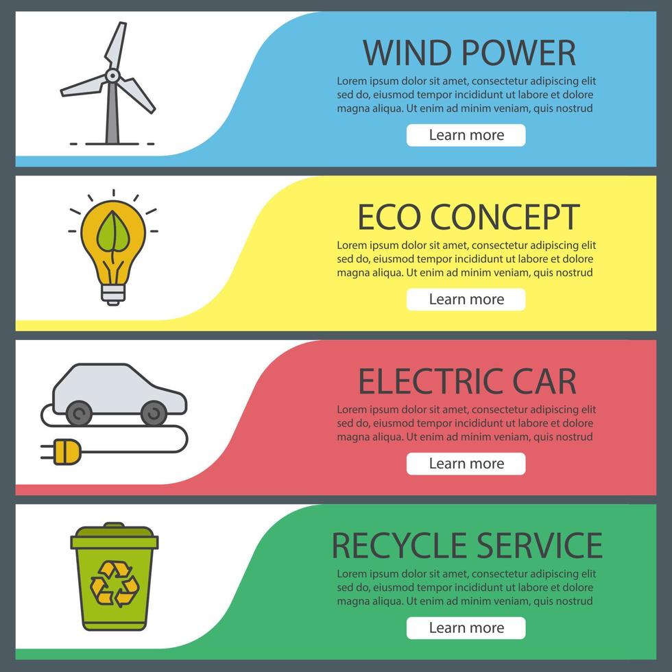 Ecology banner templates set. Easy to edit. Wind energy, eco concept, electric car. recycle service. Website menu items. Color web banner. Vector headers design concepts