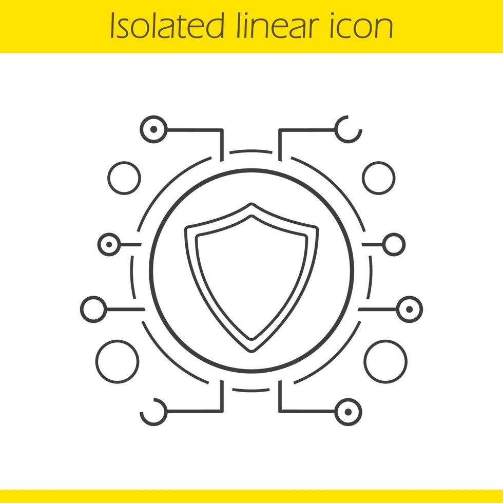 Cyber security linear icon. Thin line illustration. Contour symbol. Protection shield in microchip pathways. Vector isolated outline drawing