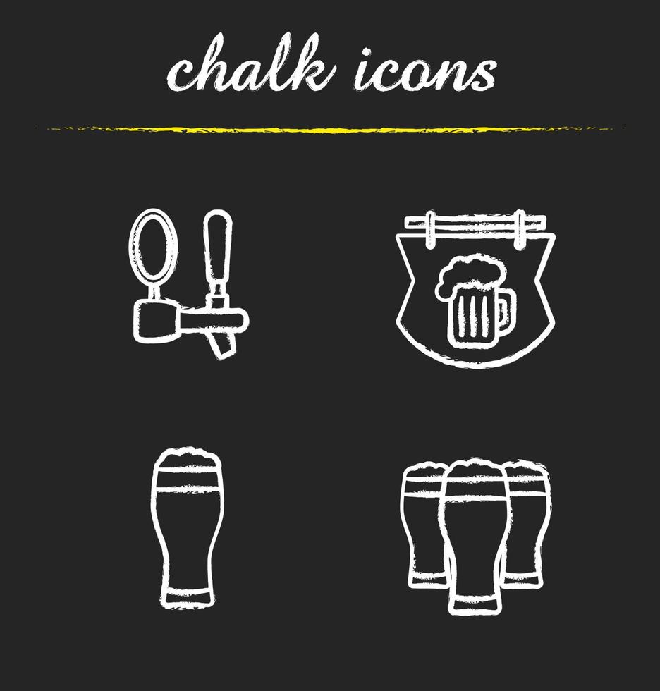 Beer pub chalk icons set. Wooden bar signboard, foamy beer glasses and tap. Isolated vector chalkboard illustrations