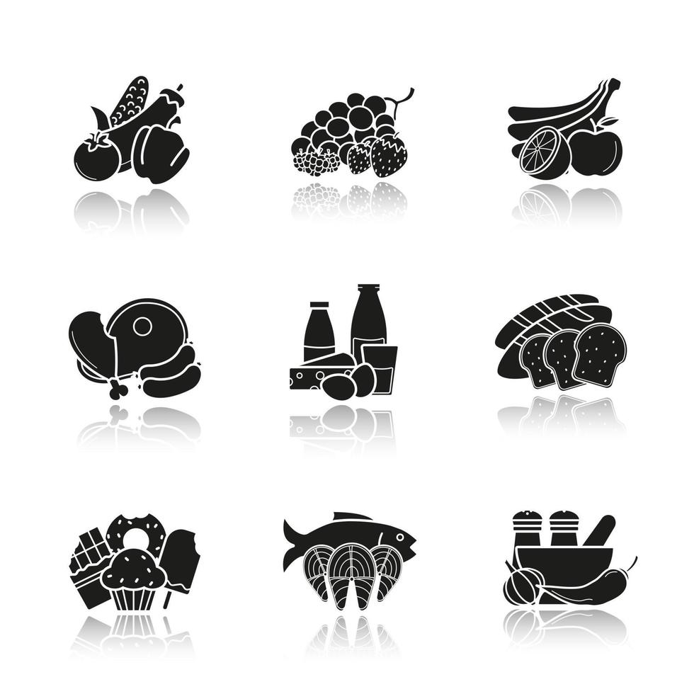 Grocery store products categories drop shadow black icons set. Vegetables, fruit, berries, meat, dairy and grain products, confectionery, seafood, spices. Isolated vector illustrations