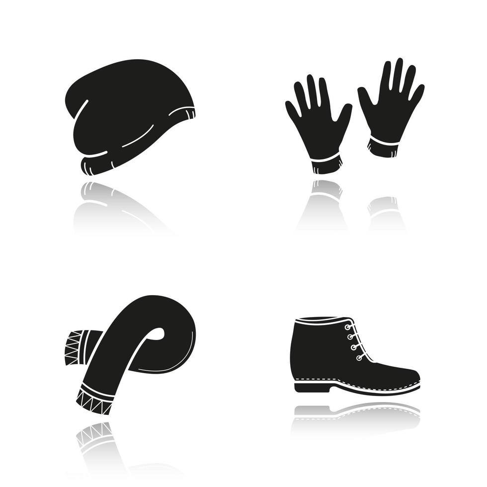 Winter clothes drop shadow black icons set. Ski hat, gloves, scarf, boot. Isolated vector illustrations