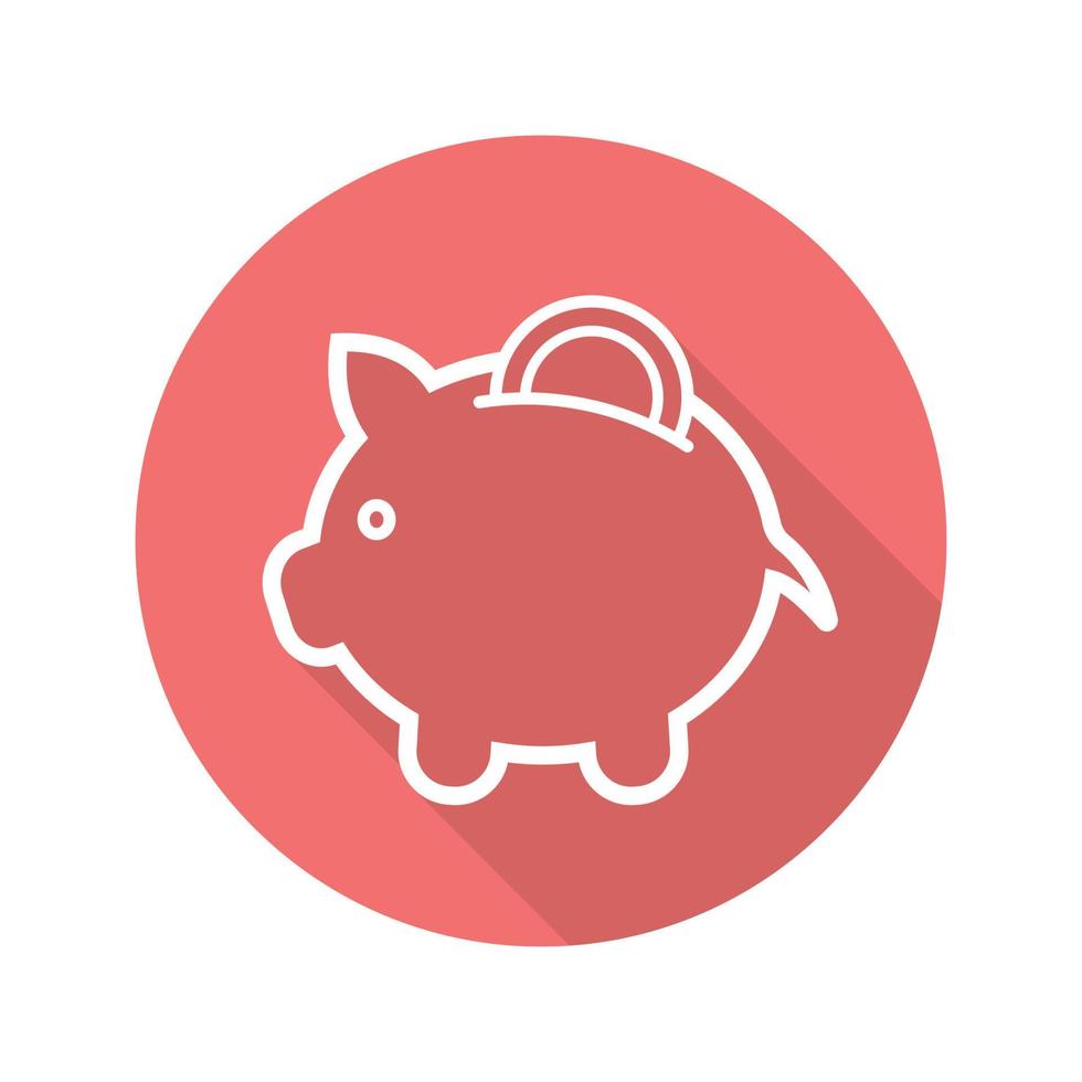 Piggybank flat linear long shadow icon. Piggy bank with coin. Vector line symbol