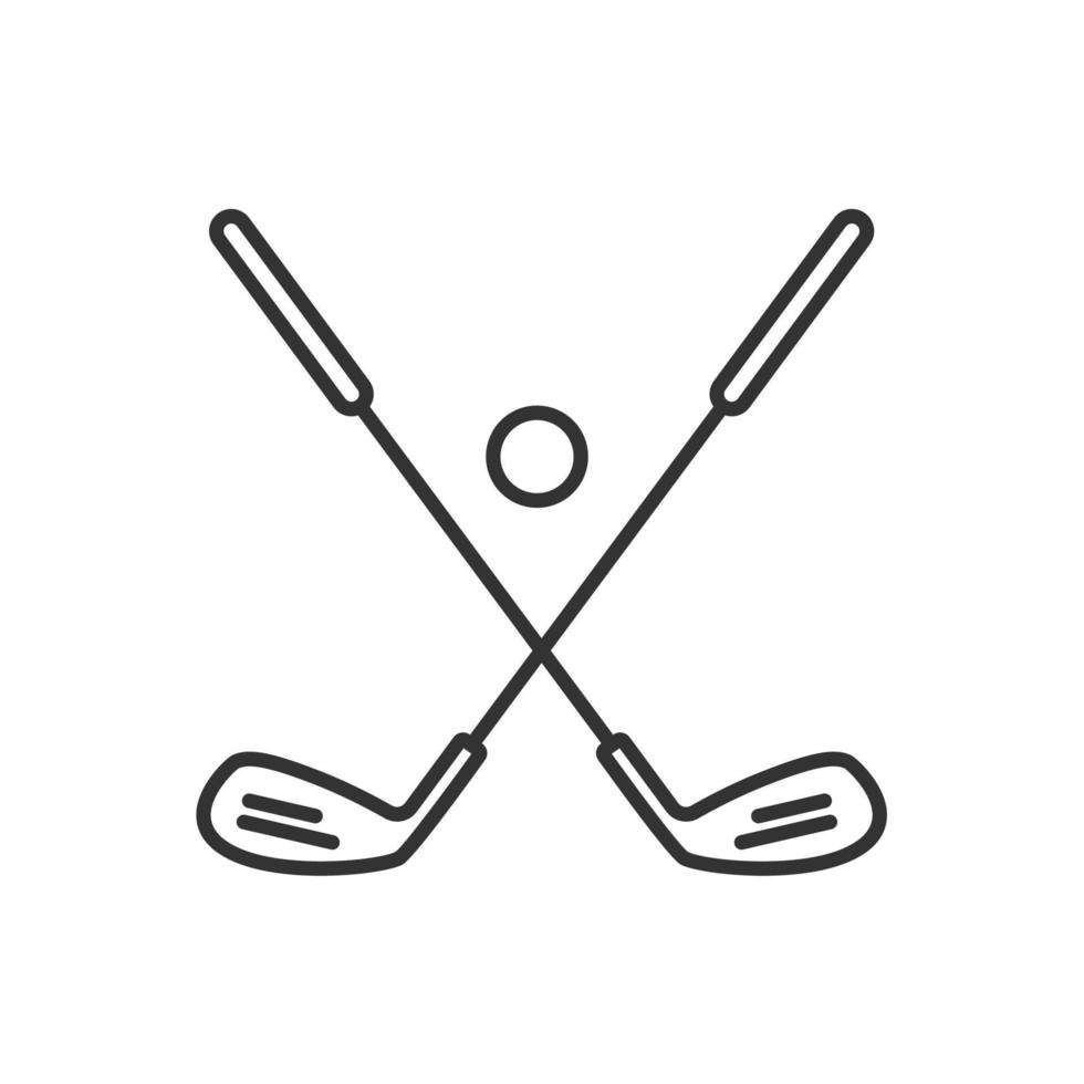 Golf ball and clubs linear icon. Thin line illustration. Golf equipment contour symbol. Vector isolated outline drawing