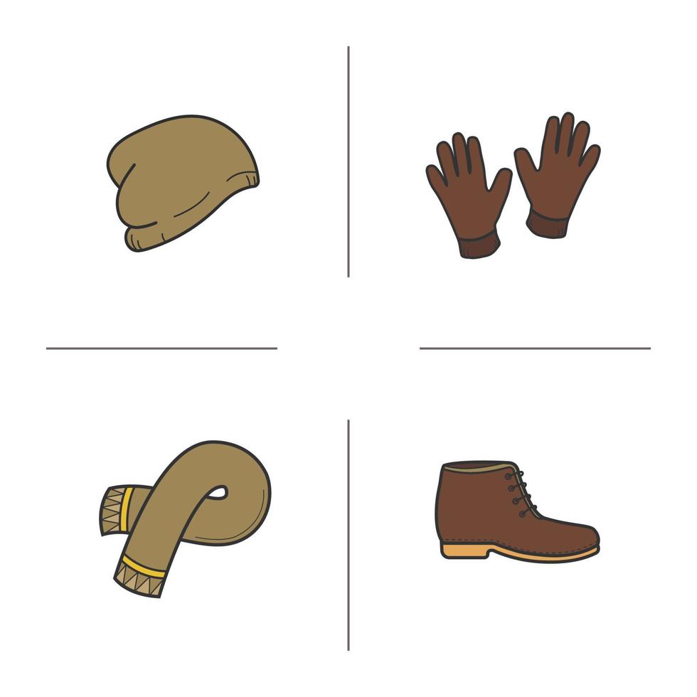 Winter clothes color icons set. Hat, gloves, scarf and boot. Isolated vector illustrations