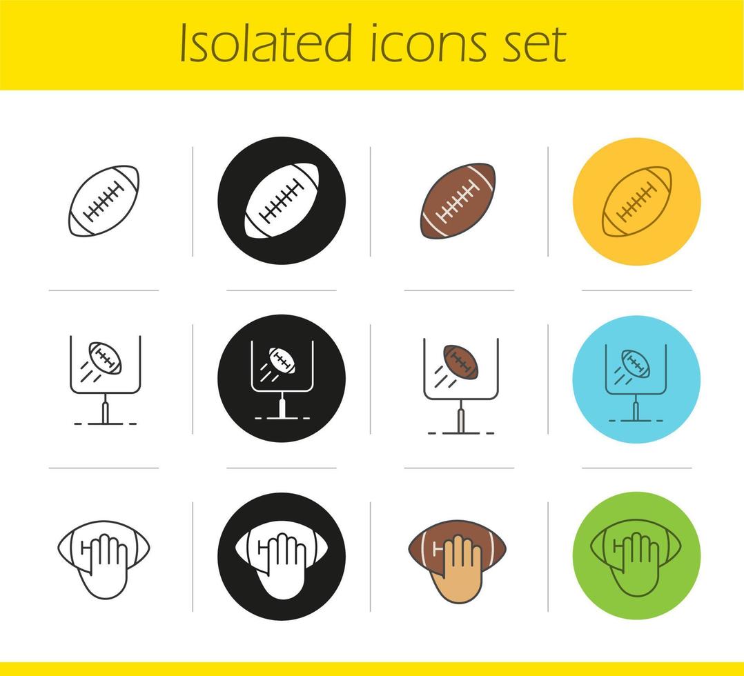 American football icons set. Linear, black and color styles. Hand holding rugby ball, goal sign. Isolated vector illustrations