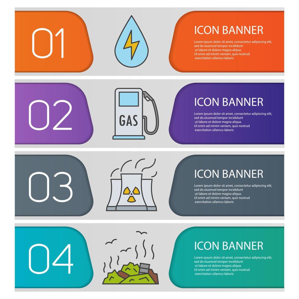 Eco banner templates set. Easy to edit. Water energy, gas station, nuclear power plant, rubbish dump. Ecology website menu items. Color web banner. Vector headers design concepts
