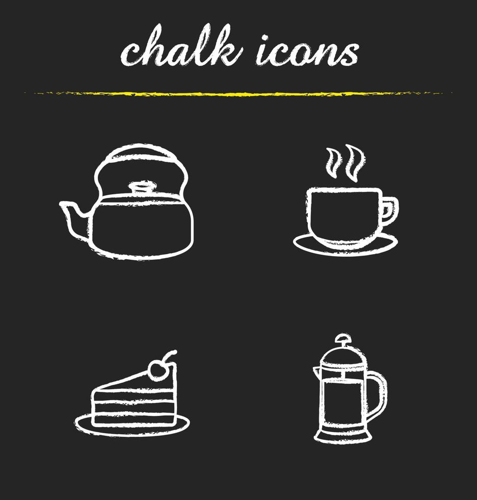 Tea and coffee chalk icons set. Kettle, steaming cup on plate, chocolate cake piece, french press illustrations. Isolated vector chalkboard drawings