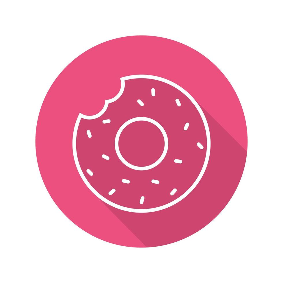 donut plano lineal larga sombra icono. rosquilla mordida con chispitas. símbolo de línea vectorial vector