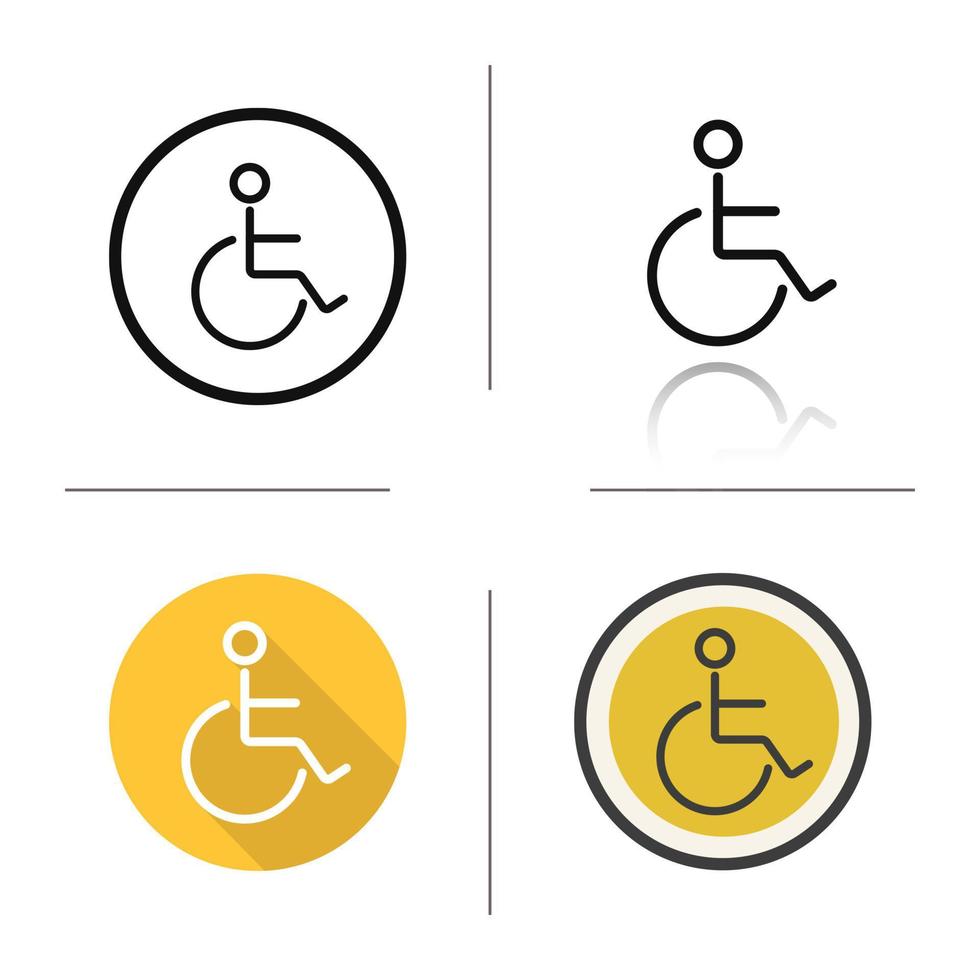 Wheelchair icon. Flat design, linear and color styles. Invalid wc door sign. Disabled. Isolated vector illustrations