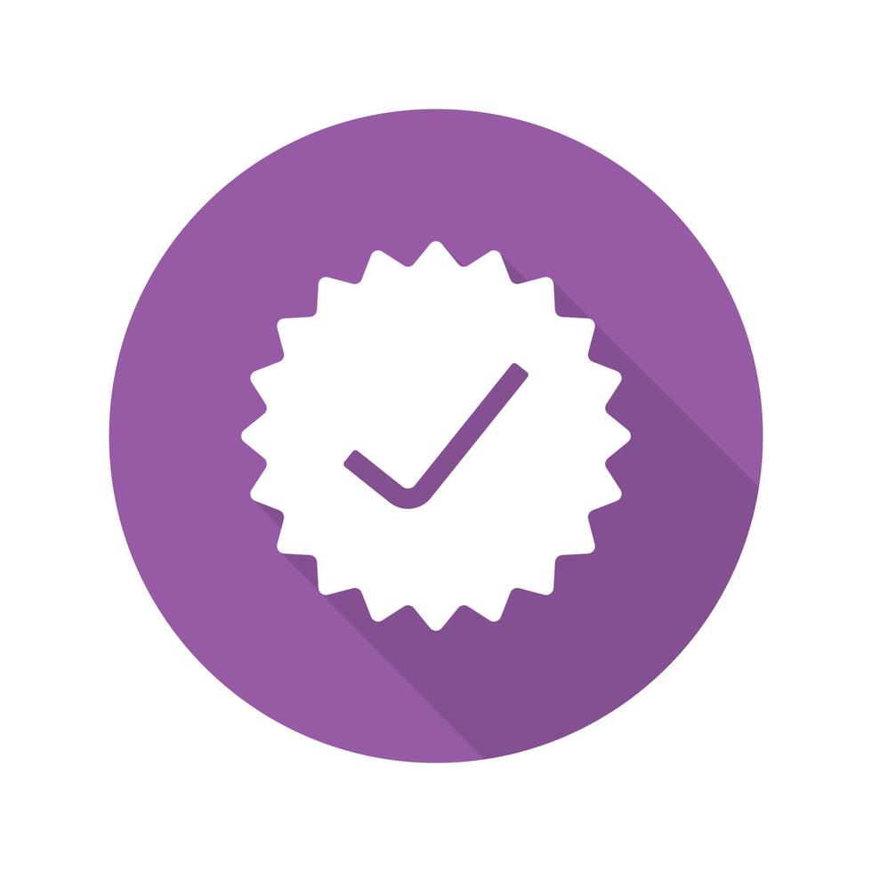 Approved stamp. Flat design long shadow icon. Accept badge. Purple sticker with tick. Vector silhouette symbol