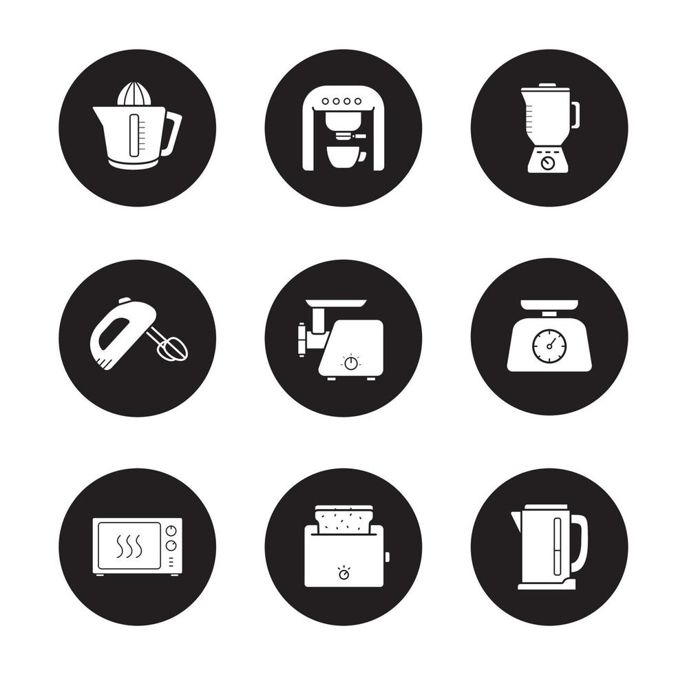 Kitchen electronics icons set. Juicer, espresso coffee machine, blender, hand mixer, meat grinder, food scales, microwave oven, toaster, electric kettle. Vector white illustrations in black circles
