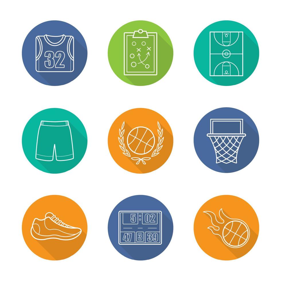 Conjunto de iconos de baloncesto plana lineal larga sombra. camiseta, pantalones cortos y zapato, plan de juego, campo, aro, pelota en llamas, marcador. equipo de baloncesto. símbolos de línea vectorial vector