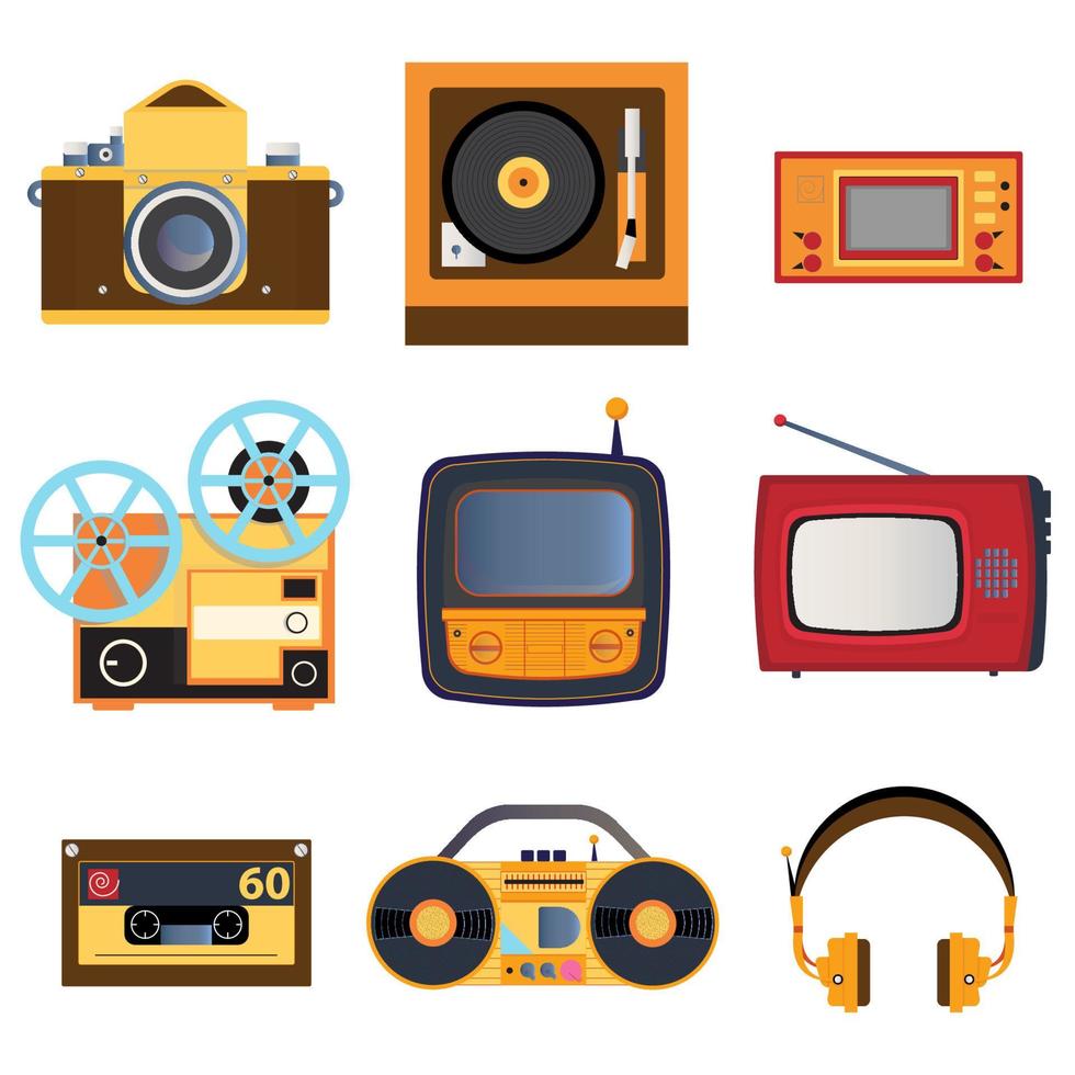 iconos de medios retro. conjunto de ilustraciones vectoriales sobre el tema de los medios retro. tv, tocadiscos, decodificador, auriculares, magneto en estilo retro. vector