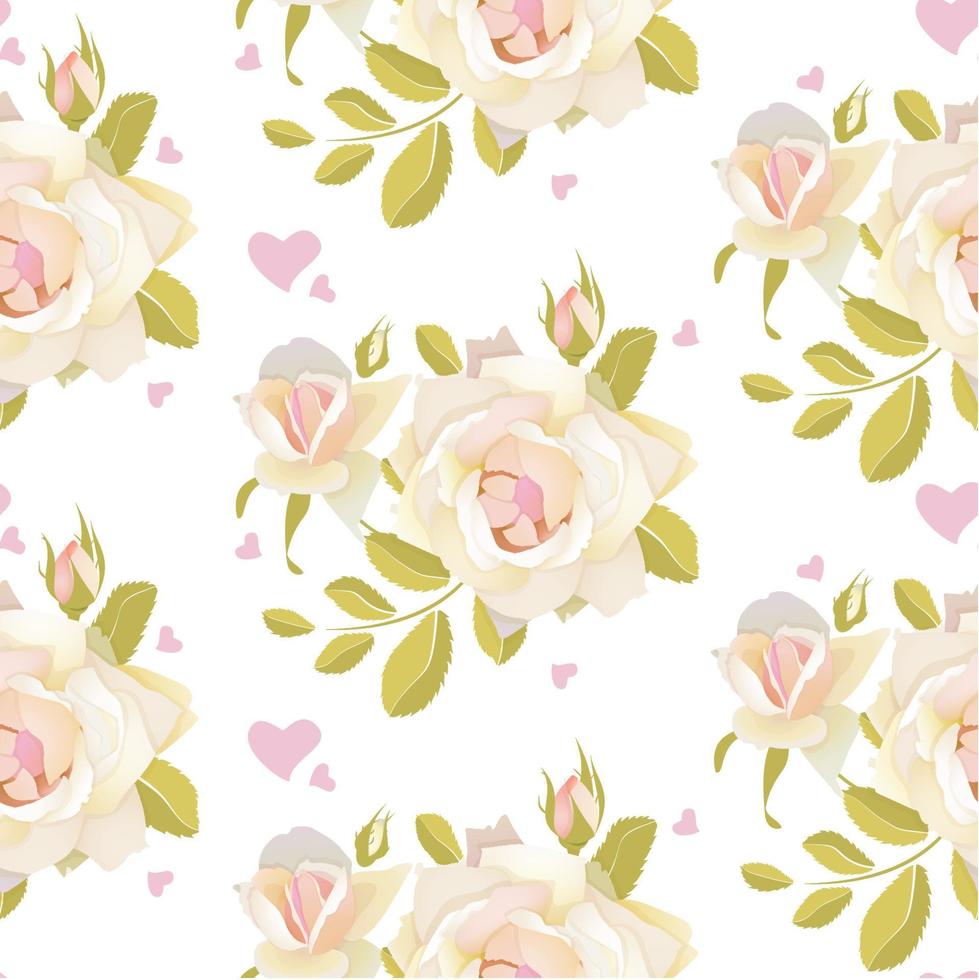 Romantic pattern with flowers of white roses in pastel colors. Stock vector illustration on white background.