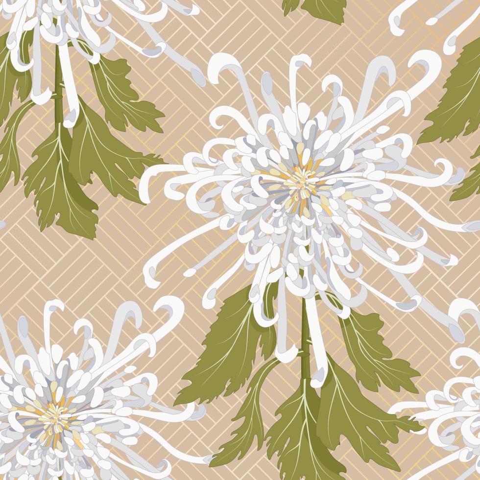 Chrysanthemum is the national flower of Japan. Seamless floral pattern with white chrysanthemum on a beige background with a gold ornament on backdrop. Stock vector illustration