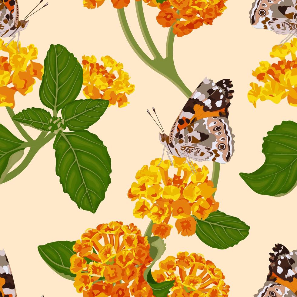 Bright floral seamless pattern with orange lantana flowers and butterfly. Summer tropical pattern. Stock vector illustration.