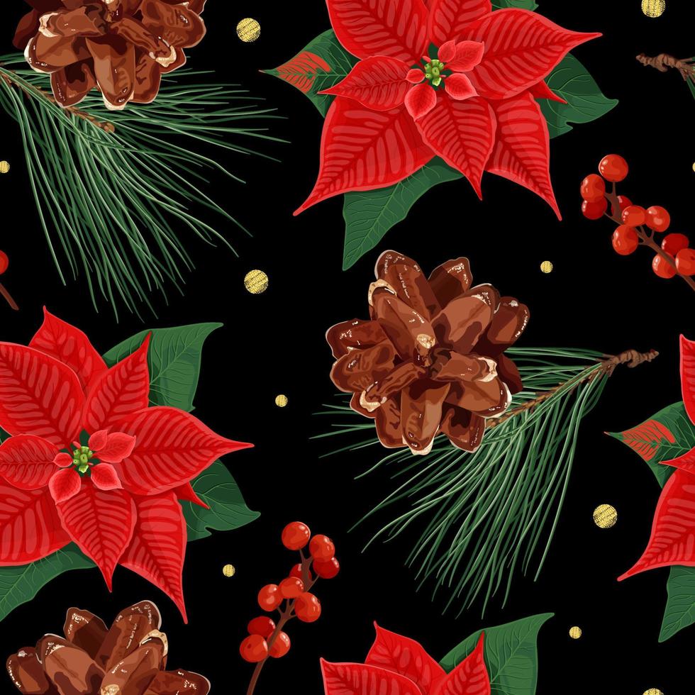 Patrón de Navidad transparente con flor de pascua de Navidad roja, bayas, confeti dorado, cono de pino y ramas. ilustración botánica realista. ilustración vectorial de stock sobre fondo negro. vector