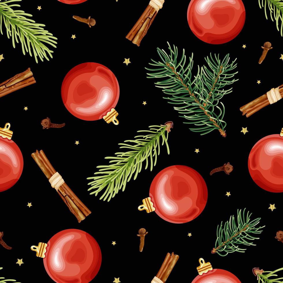 Seamless pattern with Christmas toys, cinnamon, cloves, fir branches and gold confetti on a black background. Stock vector illustration.