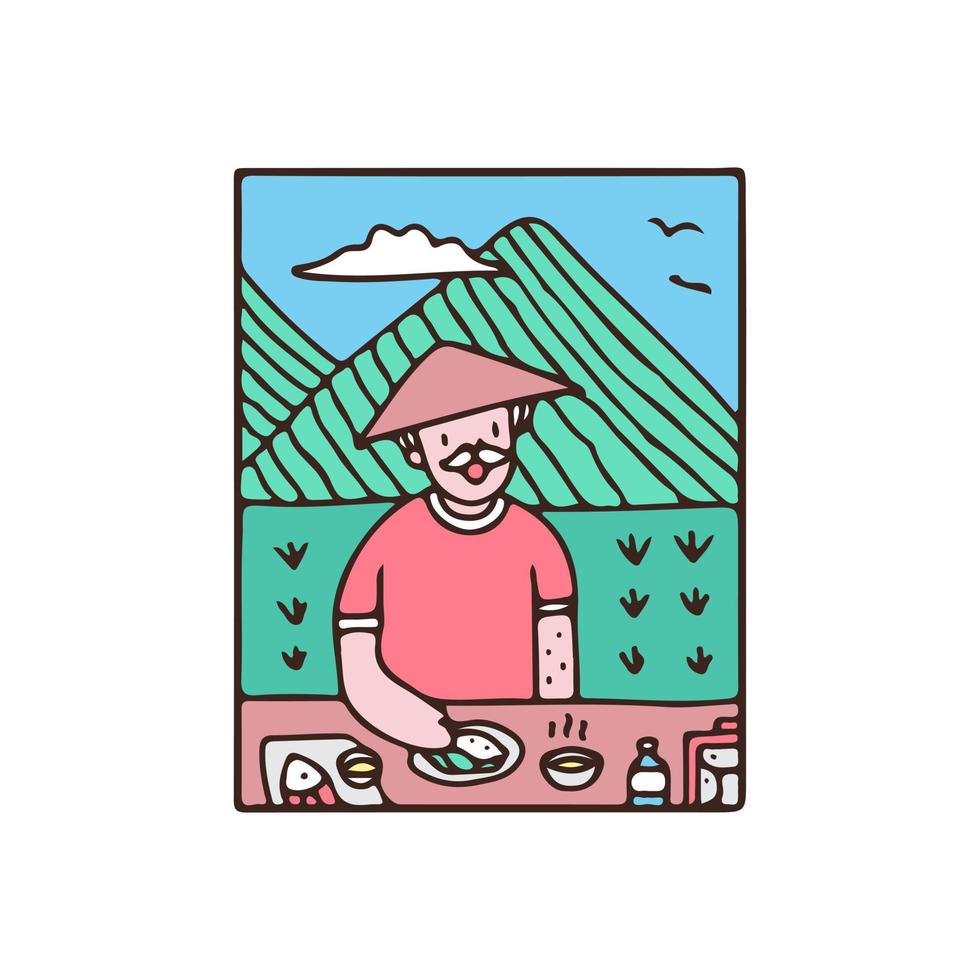 Asian farmer resting in the middle of the rice field. cartoon for sticker. vector