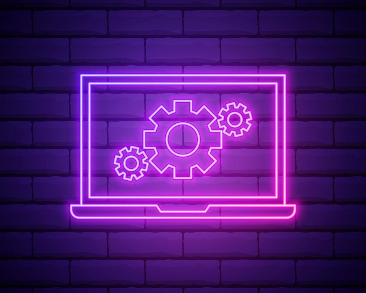 Icono de computadora portátil y engranaje de línea de neón brillante aislado sobre fondo de pared de ladrillo. concepto de servicio portátil. aplicación de ajuste, opciones de configuración, mantenimiento, reparación, reparación. ilustración vectorial vector