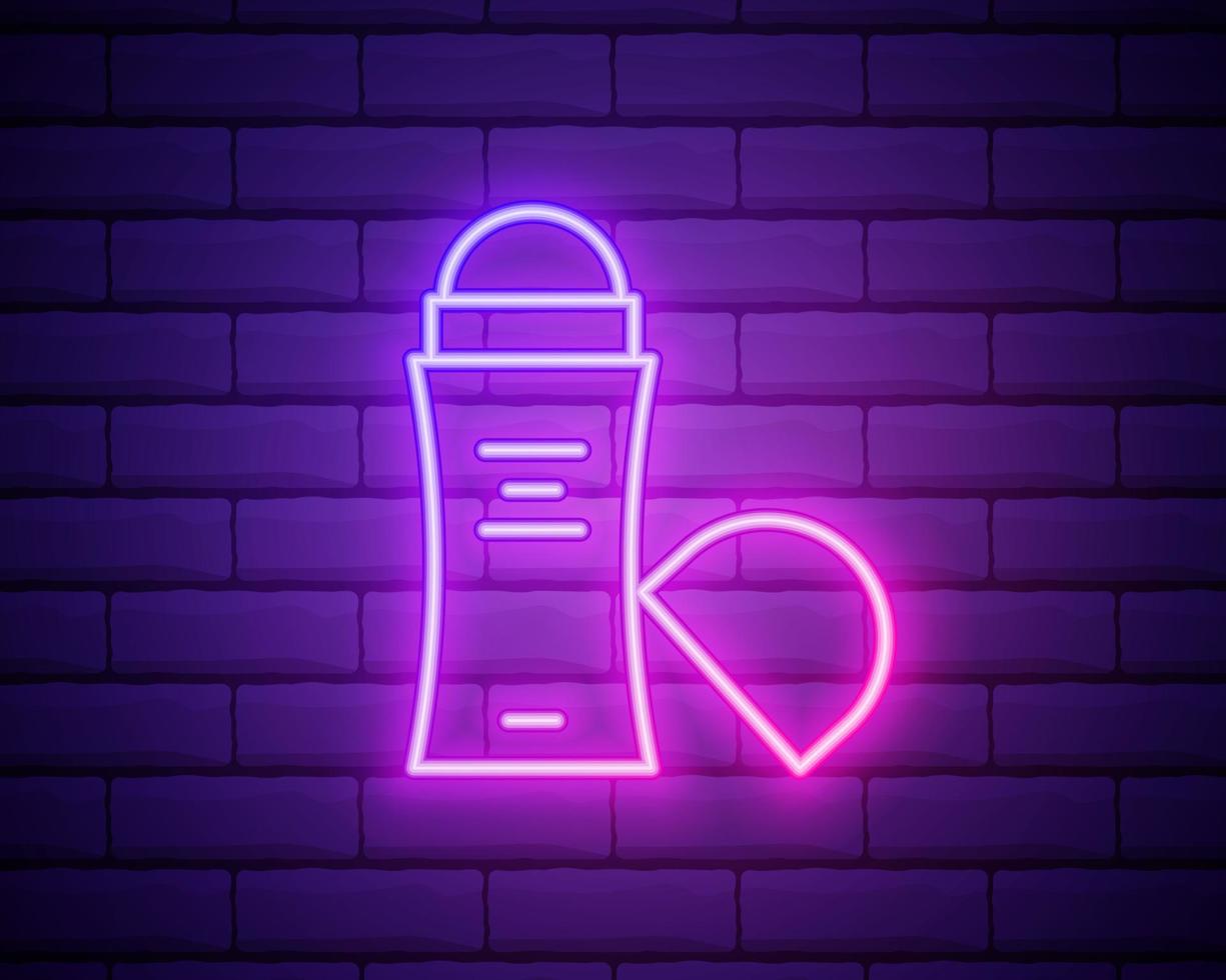 Lilac pink neon sign on brick wall Deodorant vector icon. Cosmetic concept isolaten on brick wall background